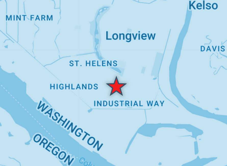 A map of Washington, focusing on the city of Longview with a star indicating United Battery's location.
