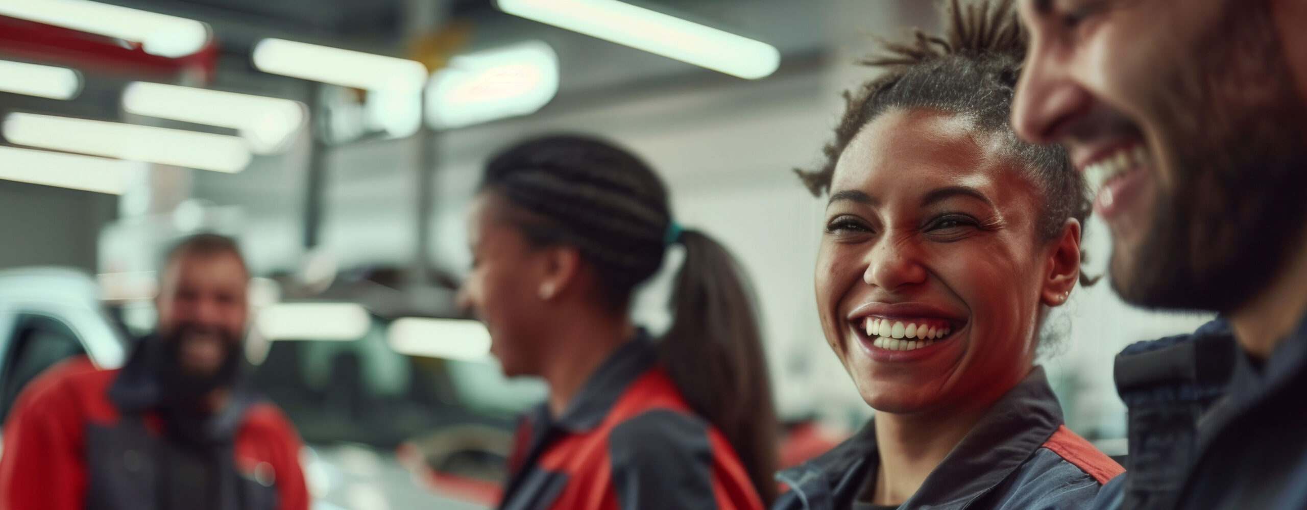 A group of auto technicians smiling and laughing together.
