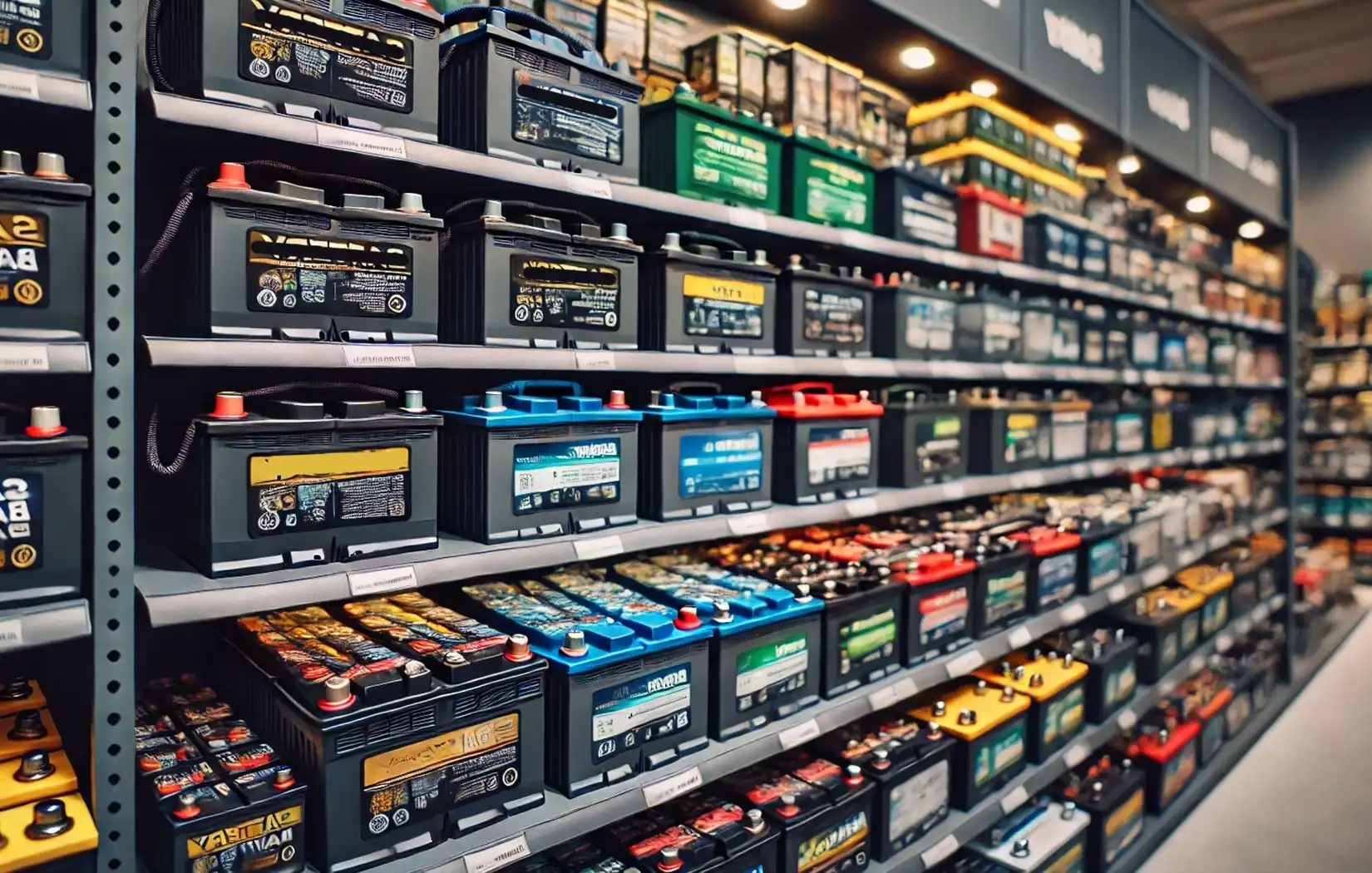 Shelves of batteries for sale.