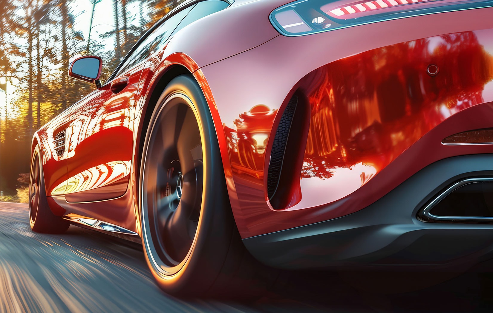 A glamor shot of a red luxury car driving down a tree-lined road.