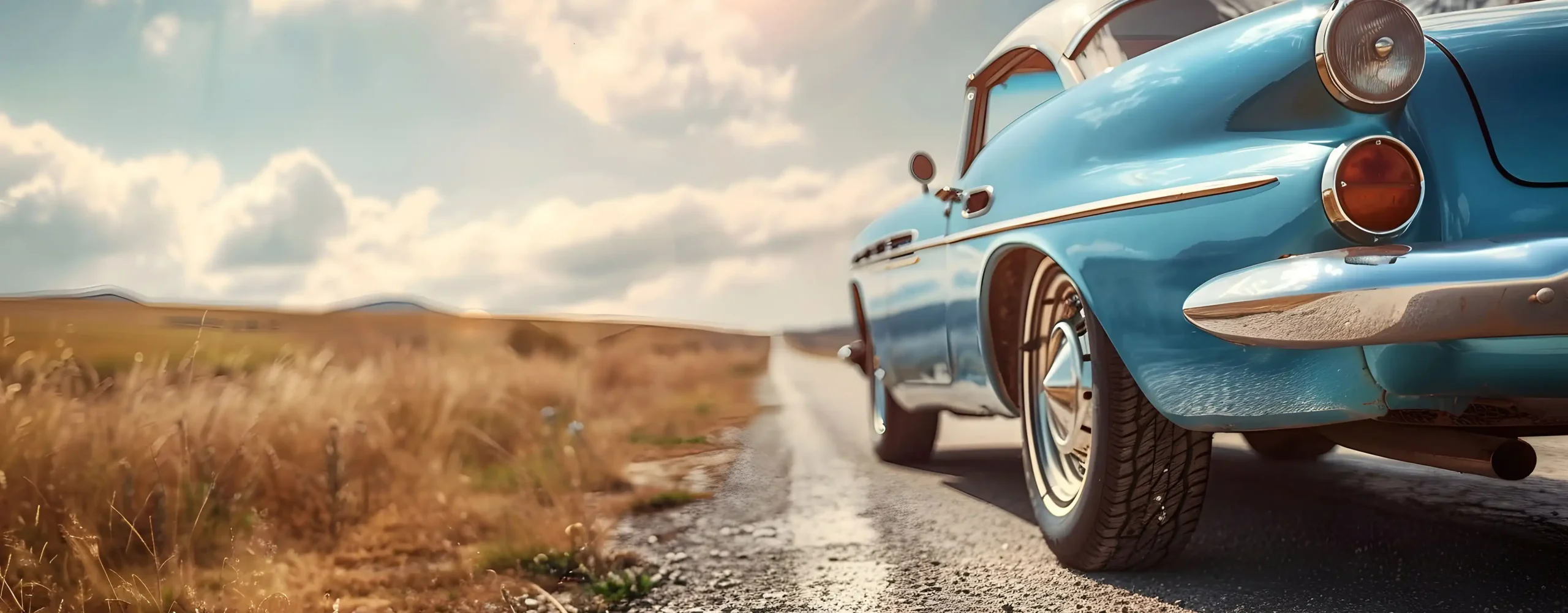 A vintage car driving on a desert road.