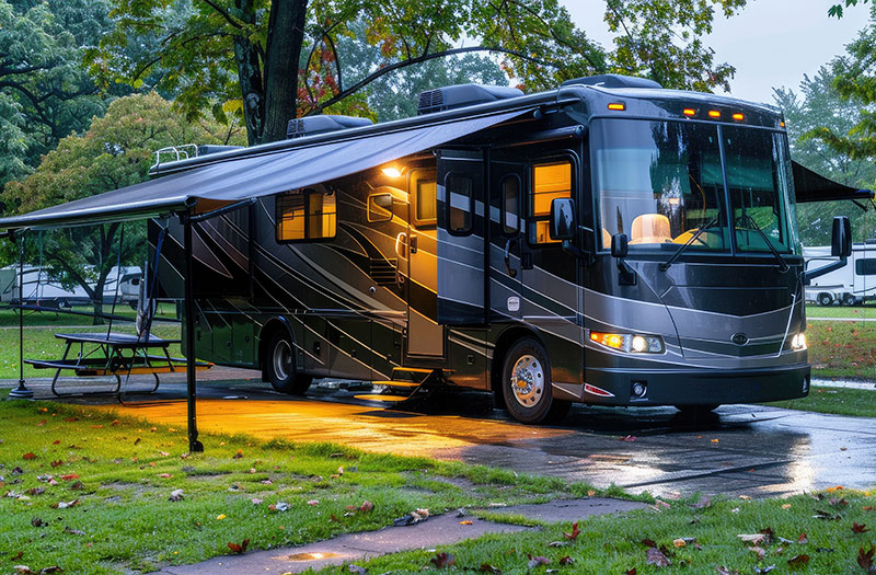 an image of a black RV set up at a campsite in a rainy environment