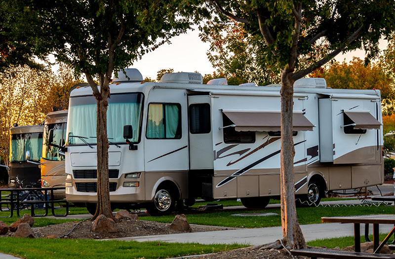 an image of an RV set up at a campsite