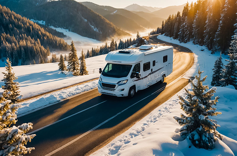 an image of an RV driving through a snowy landscape