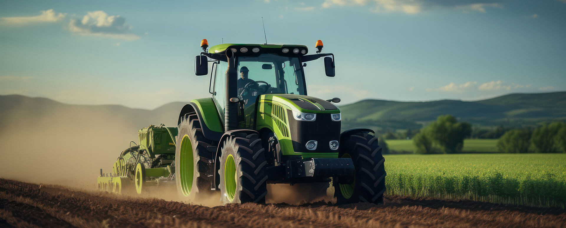 an image of a green tractor on a farm field pulling in crops