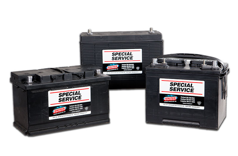 a group of three batteries labeled as "special service' with the United Battery logo