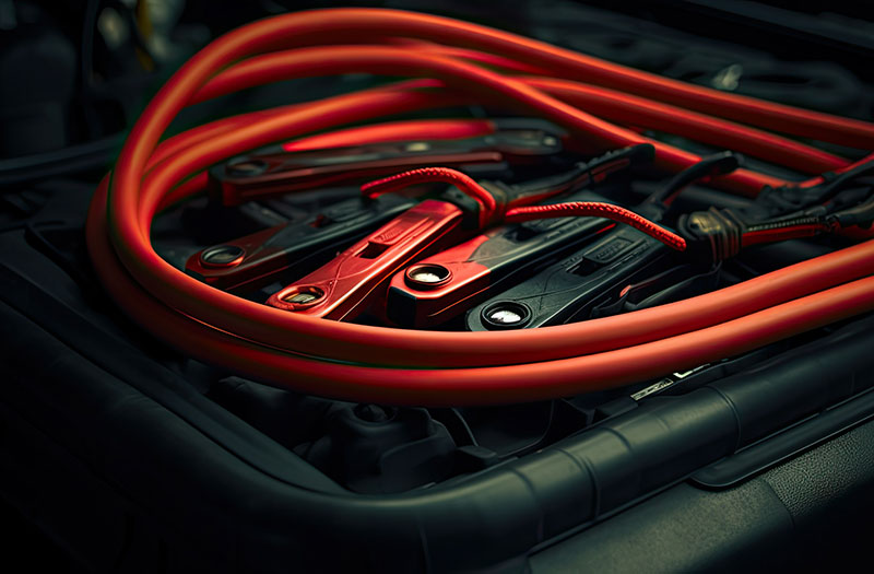 an image of red cables with tools in the middle of them