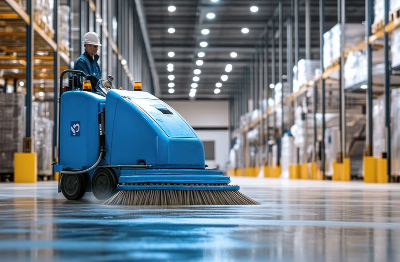 an image of a person using a floor sweeper in a warehouse