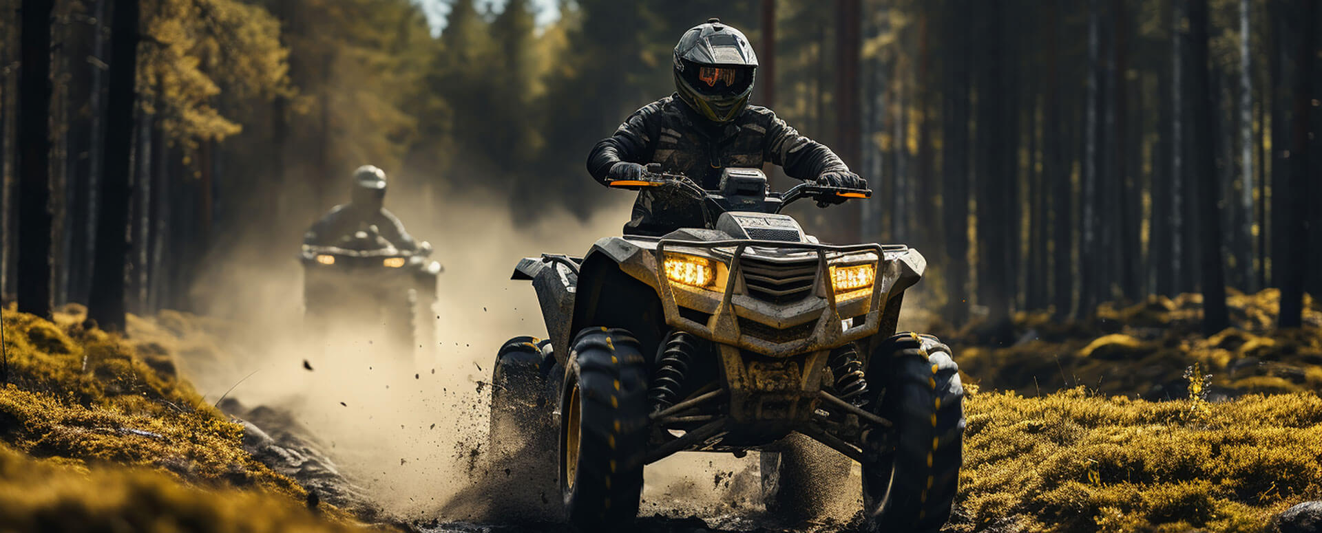 an image of two atv riders on a trail in a forest