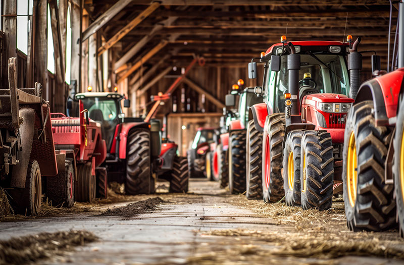 an image of a row of red tractors in a barn