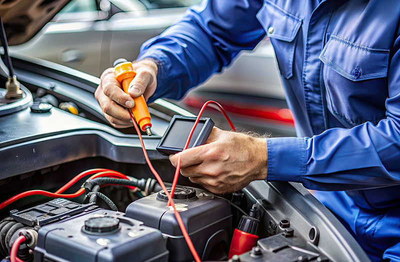 an image of a car technician testing a car battery