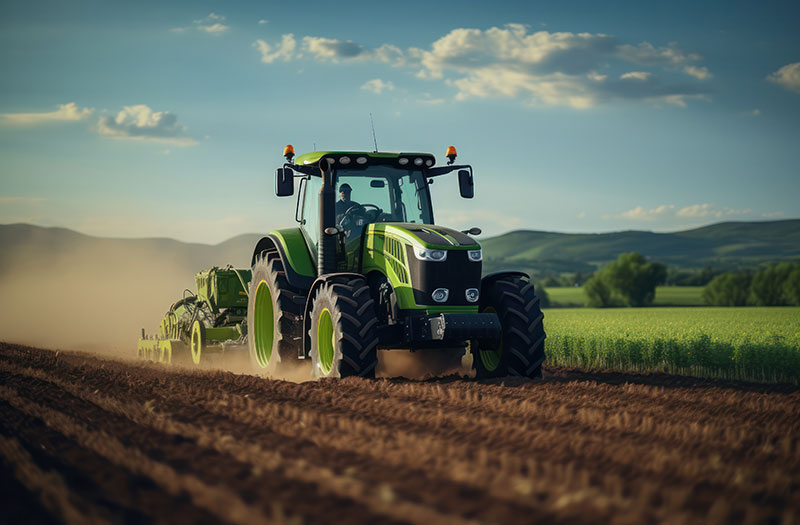 an image of a tractor on a farm pulling in crops
