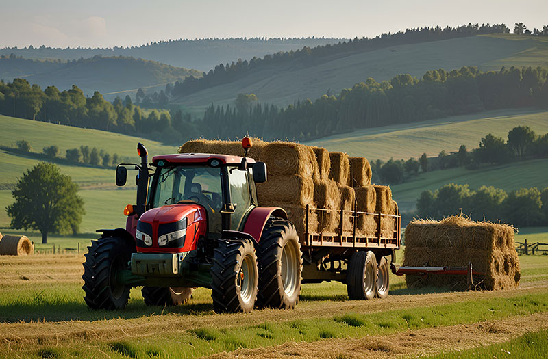 an image of a tractor pulling bales of hay in a field