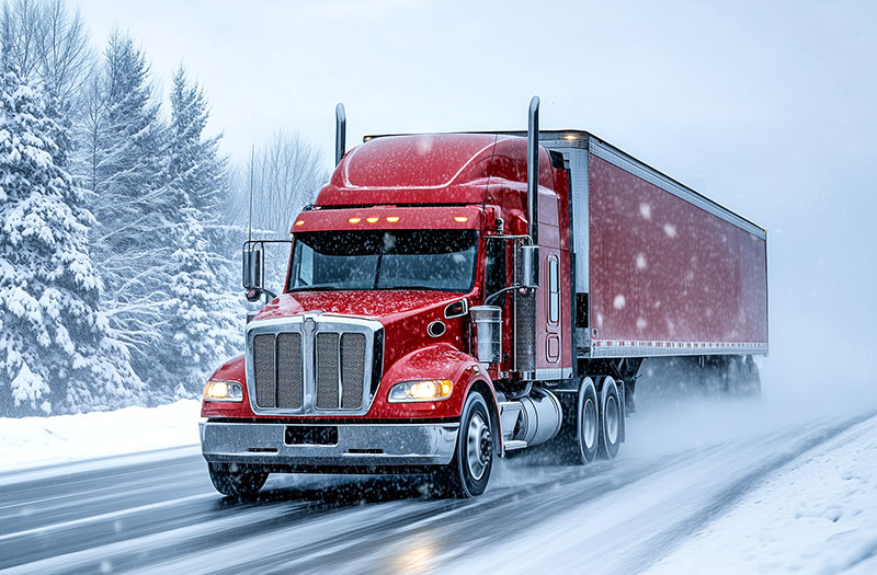 an image of a red semi-trailer driving in the snow