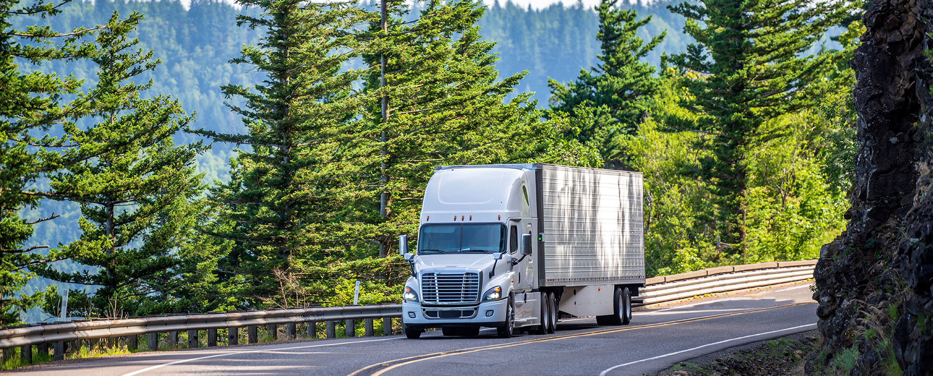 an image of a semi-trailer on the road with trees surrounding the road
