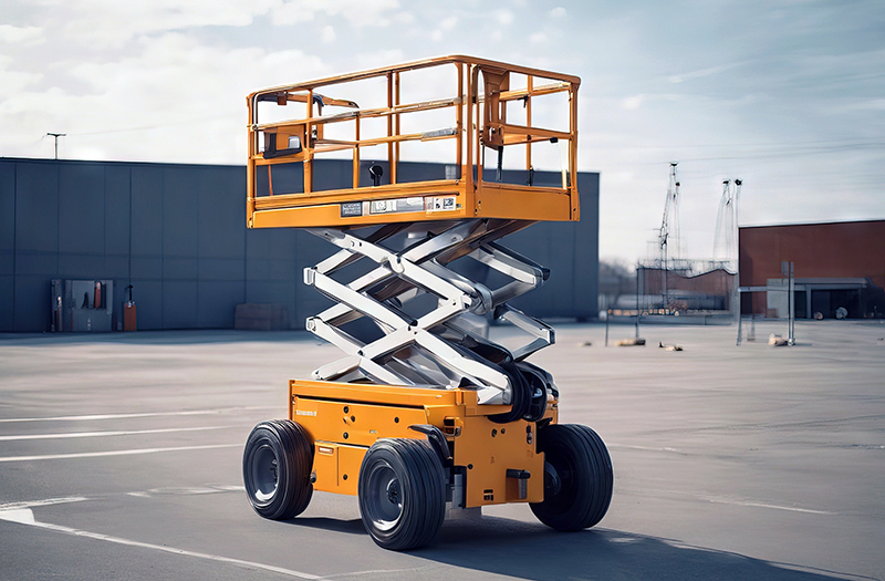 A scissor forklift parked in a lot.