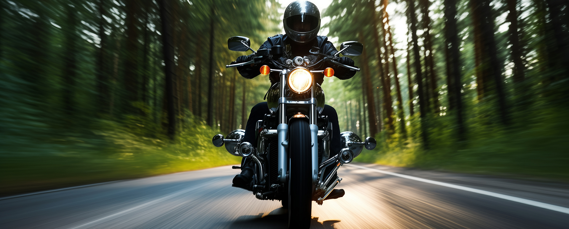 A person riding a motorcycle driving down a forest road.